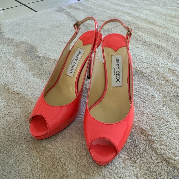 Jimmy Choo Hot Pink Patten Leather Open Toe Sling Back Pumps sz 37 w/box & bags - Picture 1 of 7